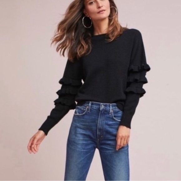 Line & Dot Sweaters - Anthropologie LINE &‎ DOT Small Chic Black Chunky Ruffle Sleeve Pullover Sweater